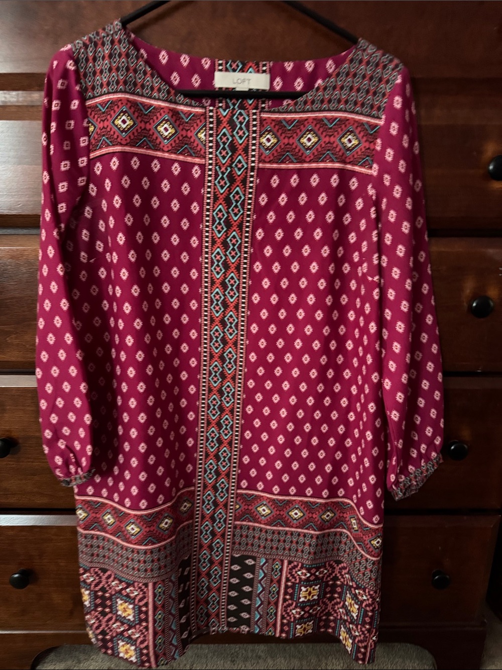 LOFT Magenta Geometric Print Long Sleeve Shift Dress